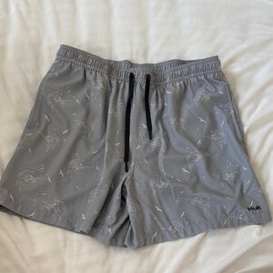 Huk Gray Marlin-Print Swim Trunks with Black Drawstring